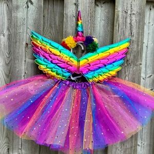 NEW 3PCS SET LED Unicorn Rainbow Sparkle 4 Layer Tutu Hairband Wings